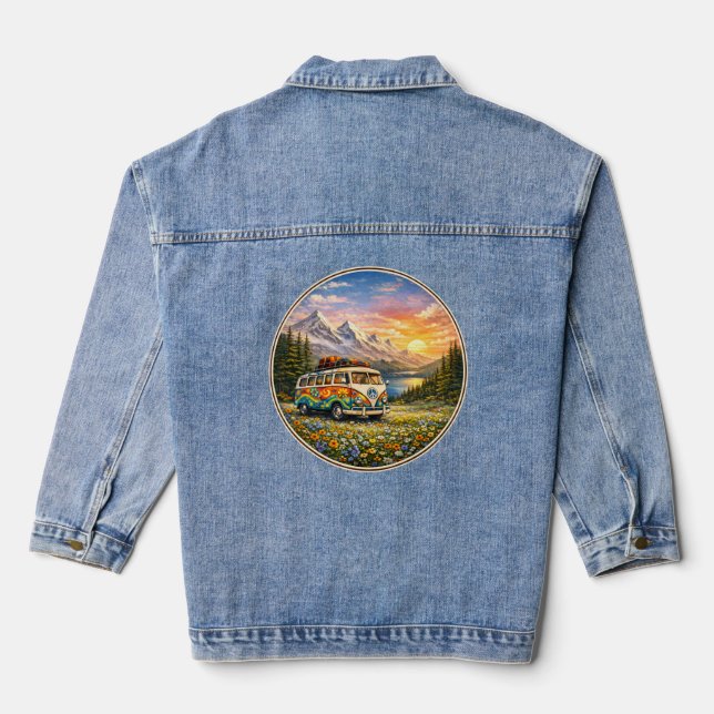 Chaqueta Vaquera Mountain Sunset Wildflowers Retro Hippie Van Life (Reverso )