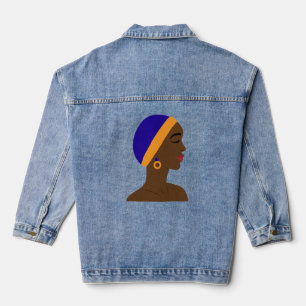 Chaqueta Vaquera Mujer africana de perfil con gorro azul y amarillo