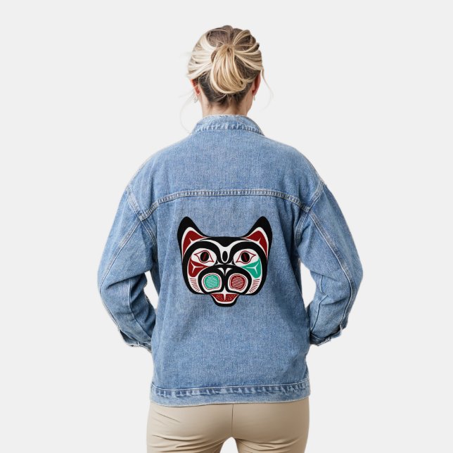 Chaqueta Vaquera Nativo americano Red Black Haida Art Kitty (Modelo)