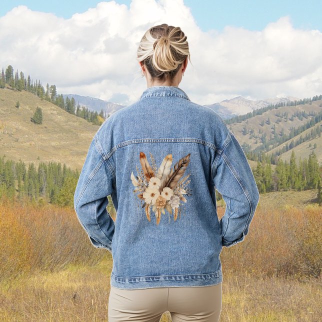 Chaqueta Vaquera Neutrales Browns Boho Feather y Flores Bouquet (Subido por el creador)