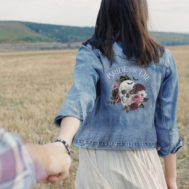 Chaqueta Vaquera Novia o Morir Cráneo Floral Chic Gótico Despedida  (Bride or Die Floral Skull Chic Gothic Bachelorette Denim Jacket)