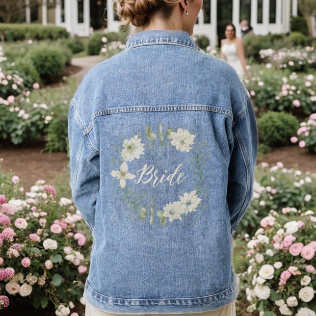 Chaqueta Vaquera Novia personalizada con escritura floral de marfil (Floral Bride Denim Jean Jacket)