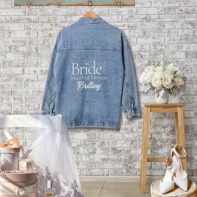 Chaqueta Vaquera Novialidad moderna del partido de novias, brigada  (Unique Personalized Bride Squad Denim Jacket for Bridal Party or Bridal Shower Gift Ideas)