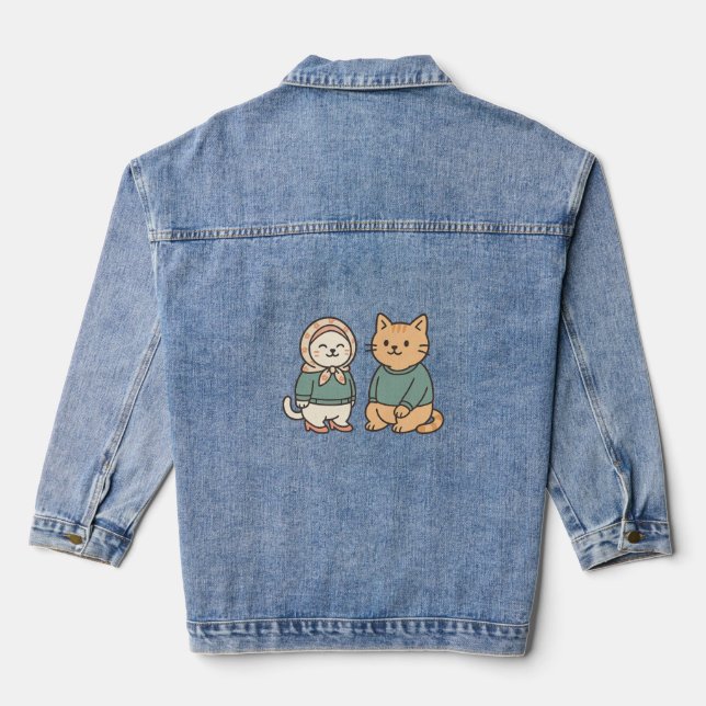 Chaqueta Vaquera "Pareja de gato Personalizado Adorable con ropa có (Reverso )