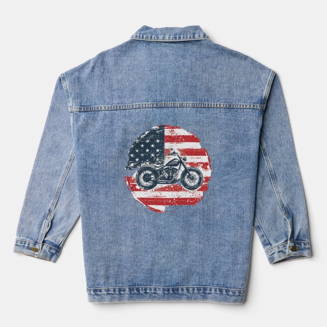 Chaqueta Vaquera Paseo por la libertad: motocicleta retro y bandera (Reverso )