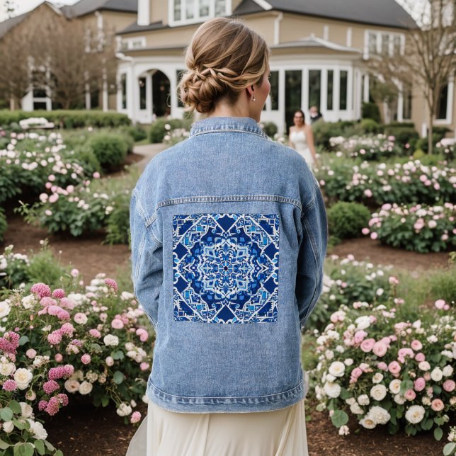 Chaqueta Vaquera Patrón de mosaico en azul índigo y cobalto (Reverso Boda)