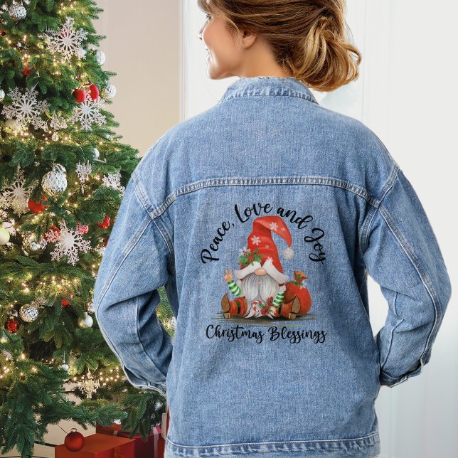 Chaqueta Vaquera Paz, amor y alegría, bendiciones de Navidades de G (Peace, Love & Joy, Cute Gnome Christmas Blessings Denim Jacket)
