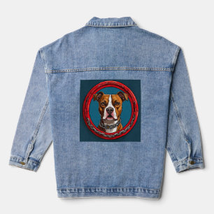 Chaqueta Vaquera Perro Pitbull sobre un fondo azul con cadenas