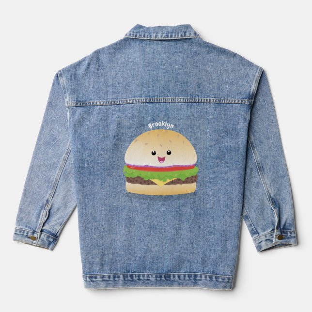 Chaqueta Vaquera Personalizado de hamburguesa kawaii feliz (Reverso )