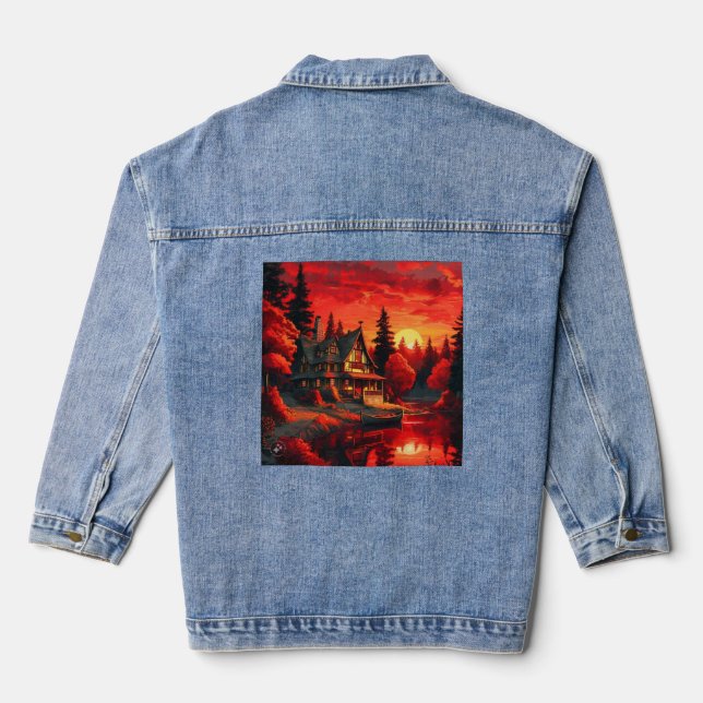 Chaqueta Vaquera Pintura de atardecer con cabaña y lago-66633 (Reverso )