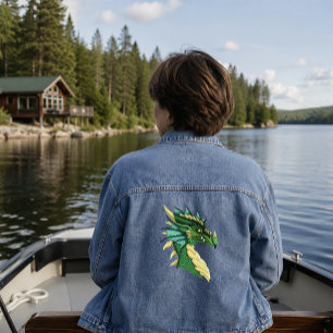 Chaqueta Vaquera Retrato de cabeza de dragón verde esmeralda Fantas
