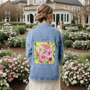 Chaqueta Vaquera Rosas acuarela en rosa y rojo sobre amarillo