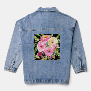 Chaqueta Vaquera Rosas acuarelas en rosa y crema en negro