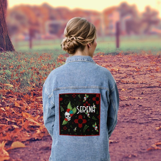 Chaqueta Vaquera Rosas de cráneo Zia Sun Greenery Nuevo México Negr (Subido por el creador)