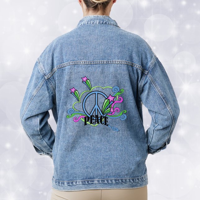 Chaqueta Vaquera Signo de paz de diseño abstracto desplaza estrella (Abstract blue peace sign surrounded by colourful scrolls and pin shooting stars on denim jacket.)