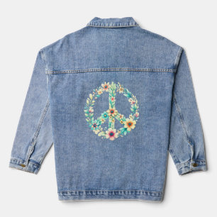 Chaqueta Vaquera Signo de paz floral de la Moda Boho Azul Jean Coat