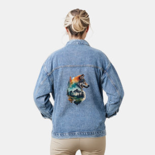 Chaqueta Vaquera Suéter con imagen de lobo y bosque