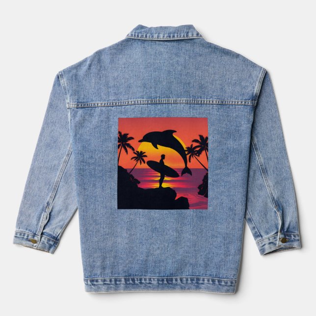 Chaqueta Vaquera Surfista del atardecer y playa tropical de Silueta (Reverso )
