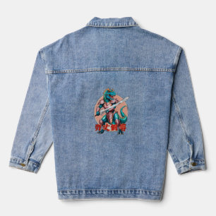 Chaqueta Vaquera Un dinosaurio con armadura de anime sosteniendo un
