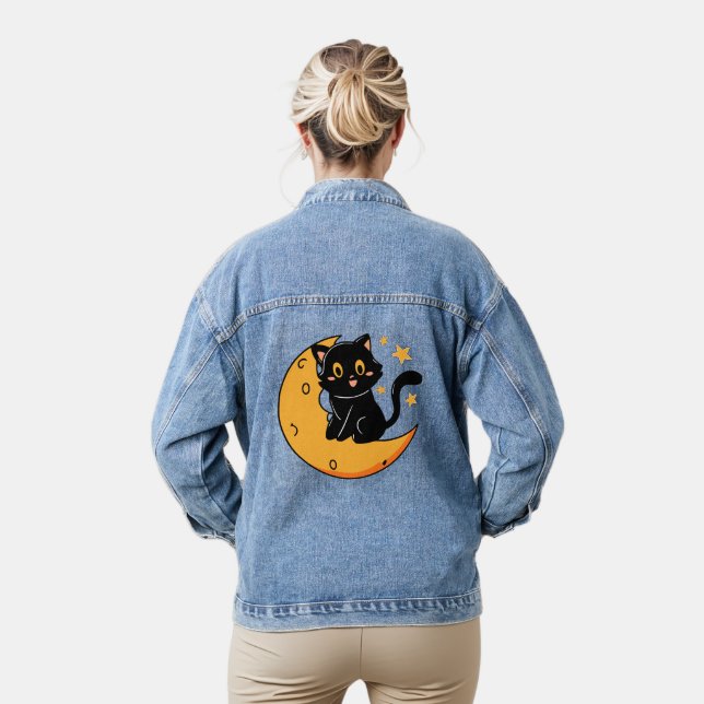 Chaqueta Vaquera Un gato negro lindo sentado en la luna (Modelo)