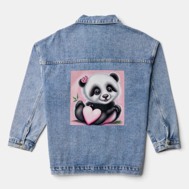 Chaqueta Vaquera Un panda lindo sosteniendo el corazón (Reverso )