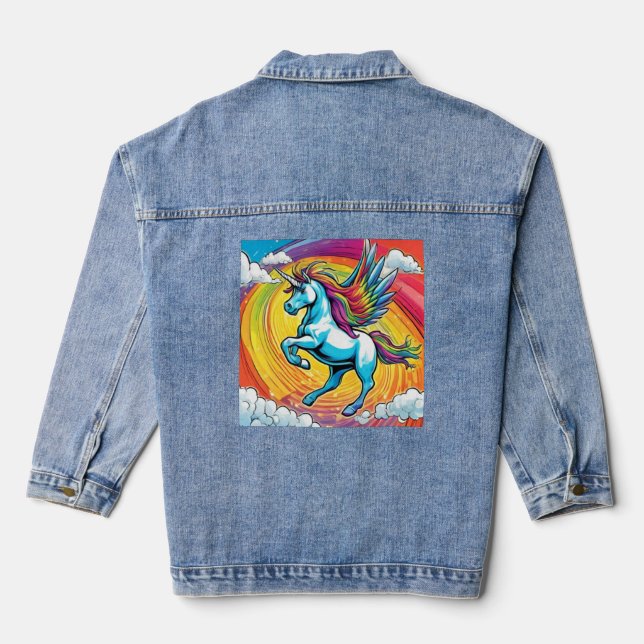 Chaqueta Vaquera Un unicornio volando con arcoiris (Reverso )