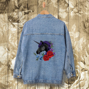 Chaqueta Vaquera Unicornio Negro Flores del Jardín Púrpura de Media
