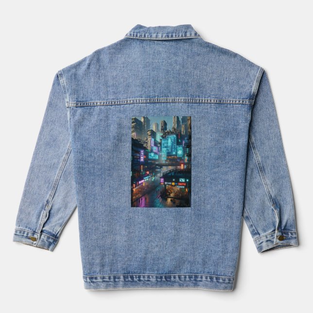Chaqueta Vaquera Vibrante Neon Cyberpunk Cityscape Futurista (Reverso )