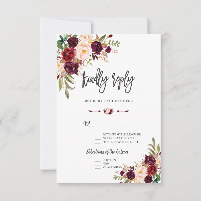 Charm Burgundy Floral Boda Handwriter RSVP (Anverso)