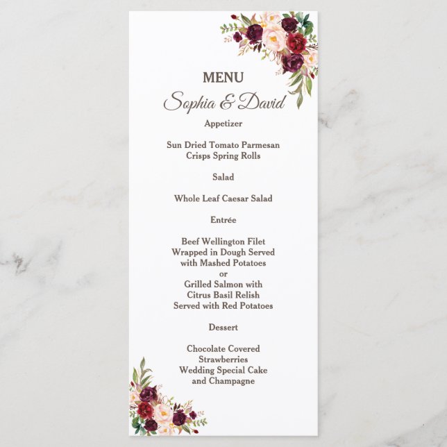 Charm Burgundy Red Marsala Floral Boda Menú (Anverso)