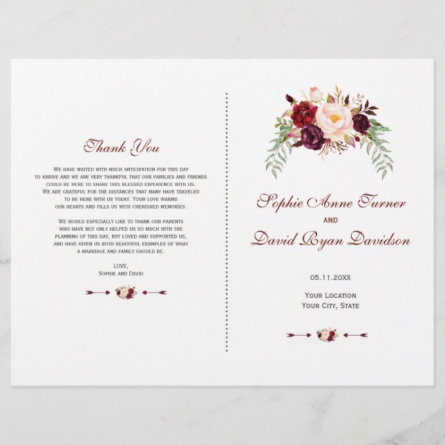Charm Burgundy Red Marsala Programa de Bodas Flora (Frente)