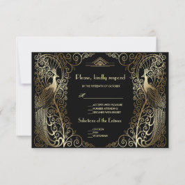 Charm Gold Art Deco Peacocks Wedding RSVP