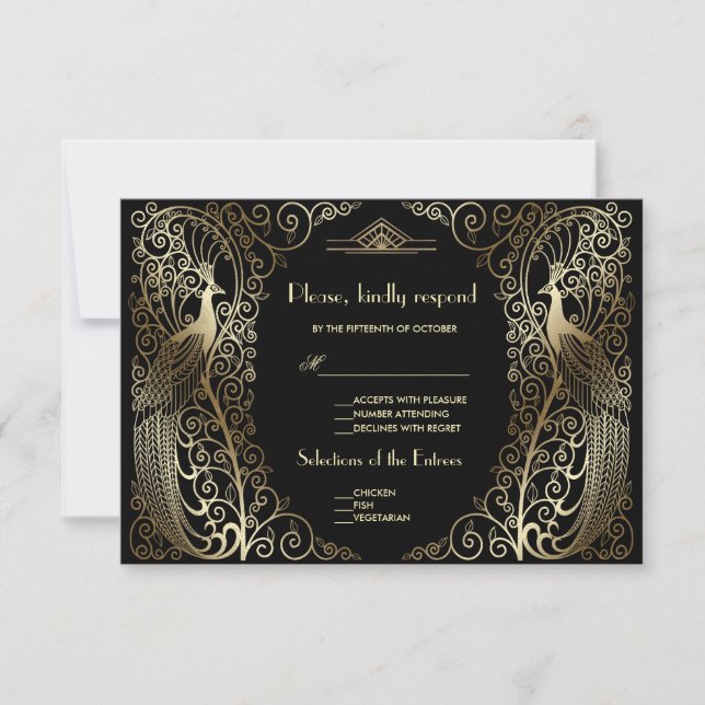 Charm Gold Art Deco Peacocks Wedding RSVP (Anverso)