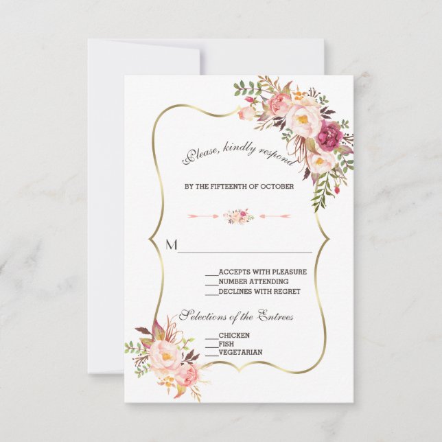 Charm Gold Rubor Pink Floral Wedding RSVP (Anverso)