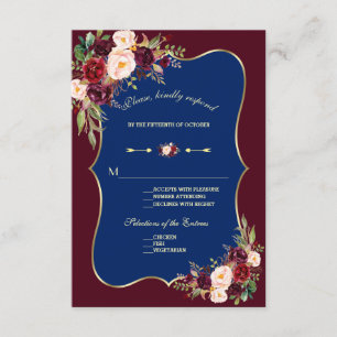 Charm Navy Blue Burgundy Floral Gold Wedding RSVP