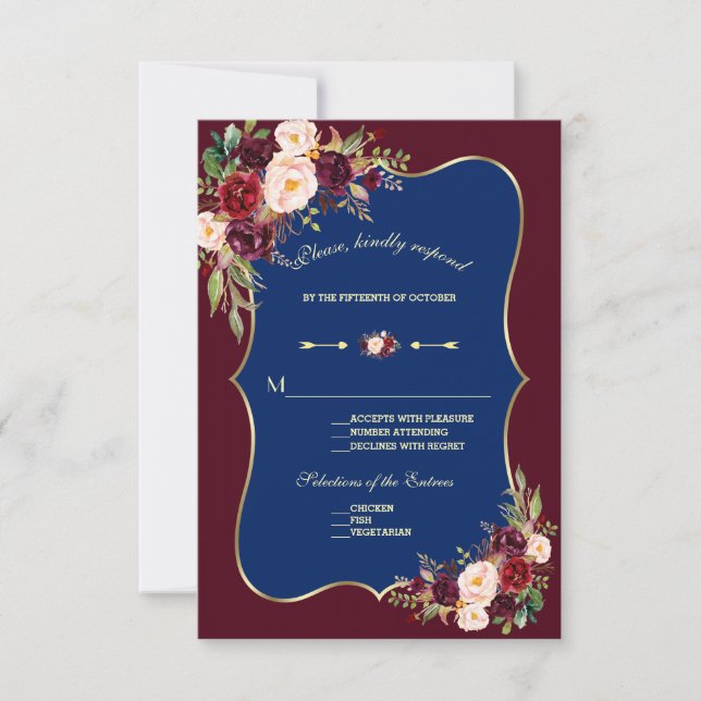 Charm Navy Blue Burgundy Floral Gold Wedding RSVP (Anverso)