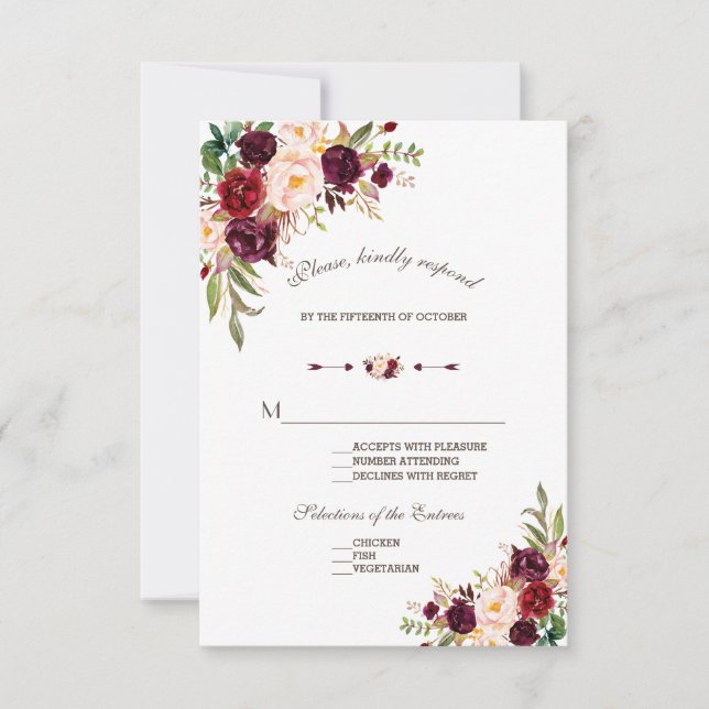 Charm Navy Blue Burgundy Floral Wedding RSVP (Anverso)