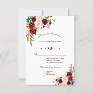 Charm Navy Blue Burgundy Floral Wedding RSVP