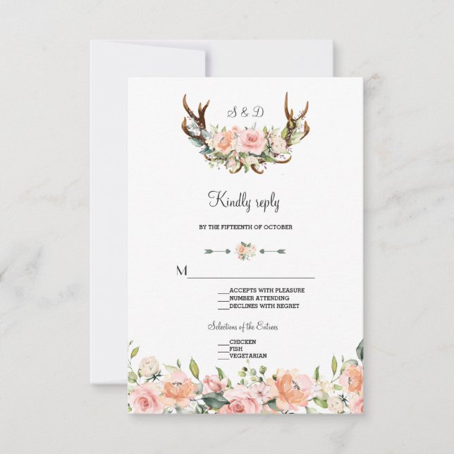 Charm Pink Rubor Floral Antlers Wedding RSVP (Anverso)