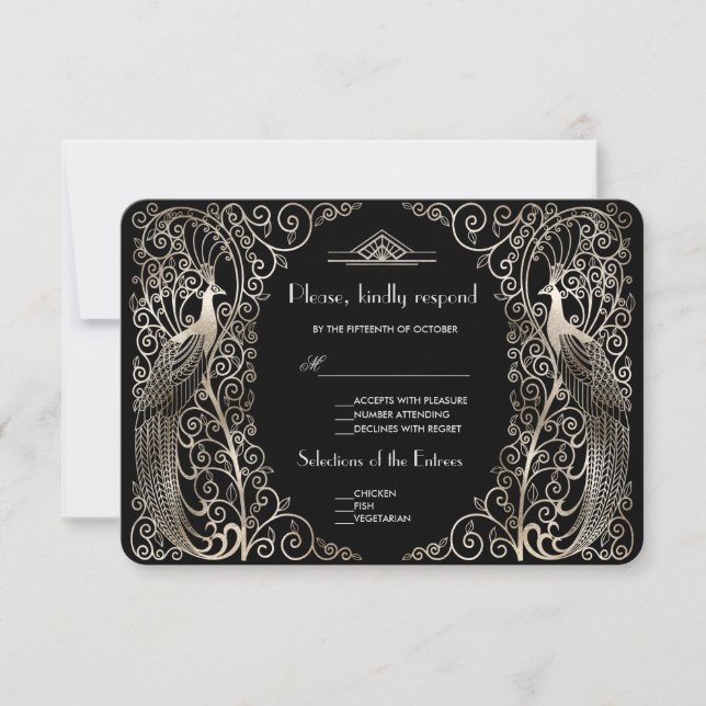 Charm Silver Art Deco Peacocks Wedding RSVP (Anverso)