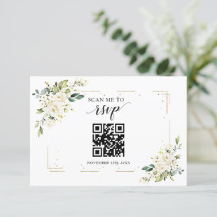 Charm White Floral Gold Tarjeta RSVP de código QR