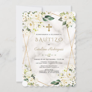 Charm White Floral Spanish Invitacion De Bautizo