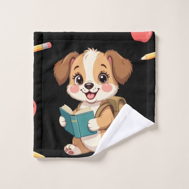 Charming puppy reading, school bag pattern  (Toallita)