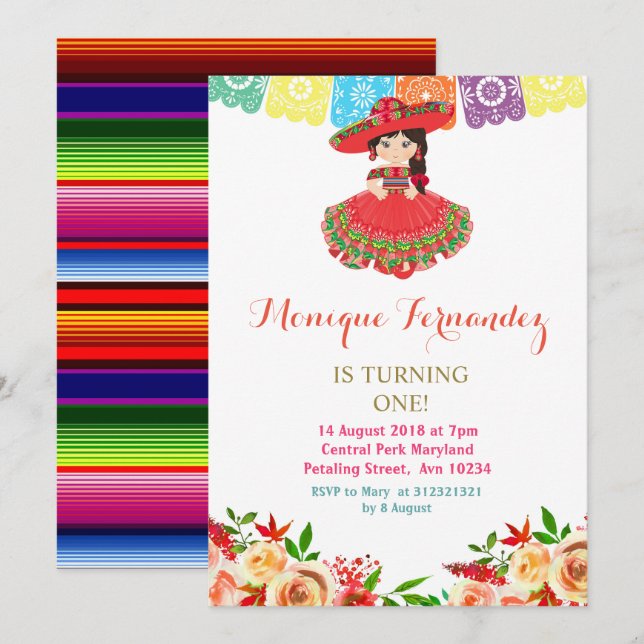 Charra Chica de Invitación al Cumpleaños Mexicano (Anverso / Reverso)