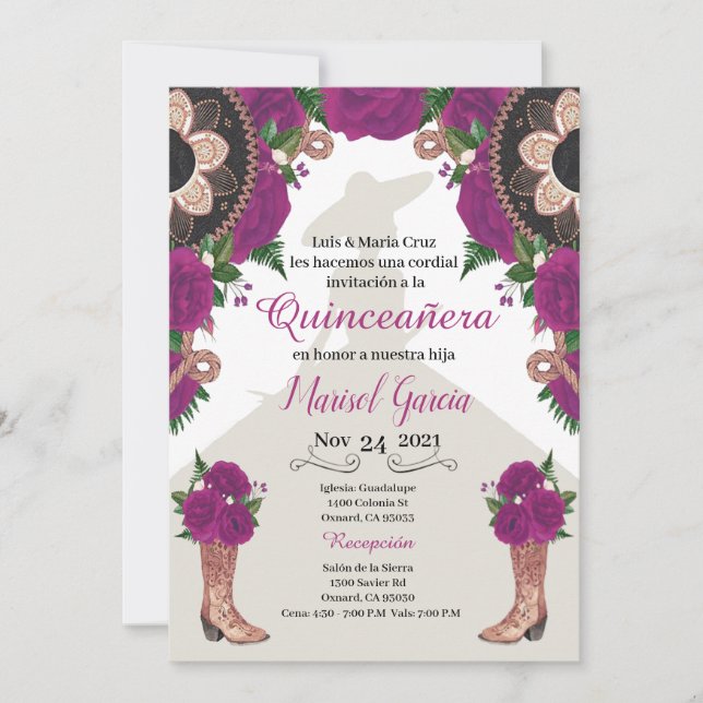Charra Quinceanera Invitation, Purple Mariachi (Anverso)