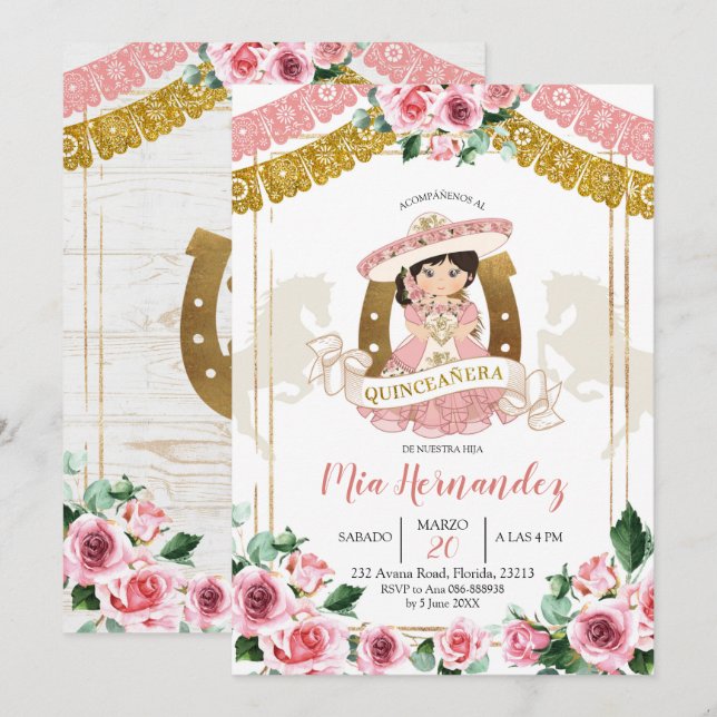 Charra Rosa Rosa Mexicana Invitación a los 15 Años (Anverso / Reverso)