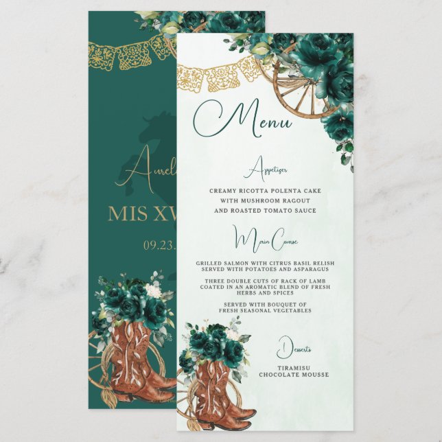 Charro floral verde esmeralda Quinceañera XV Menú (Anverso / Reverso)