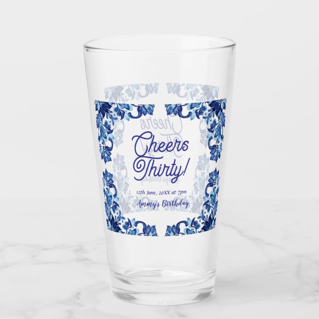 Cheers thirty birthday royal blue floral border na (Anverso)