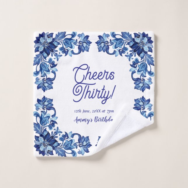 Cheers thirty birthday royal blue floral border na (Toallita)