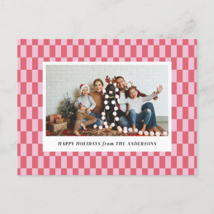 Cheery Pink Red Checkers Tarjeta de Navidades de v